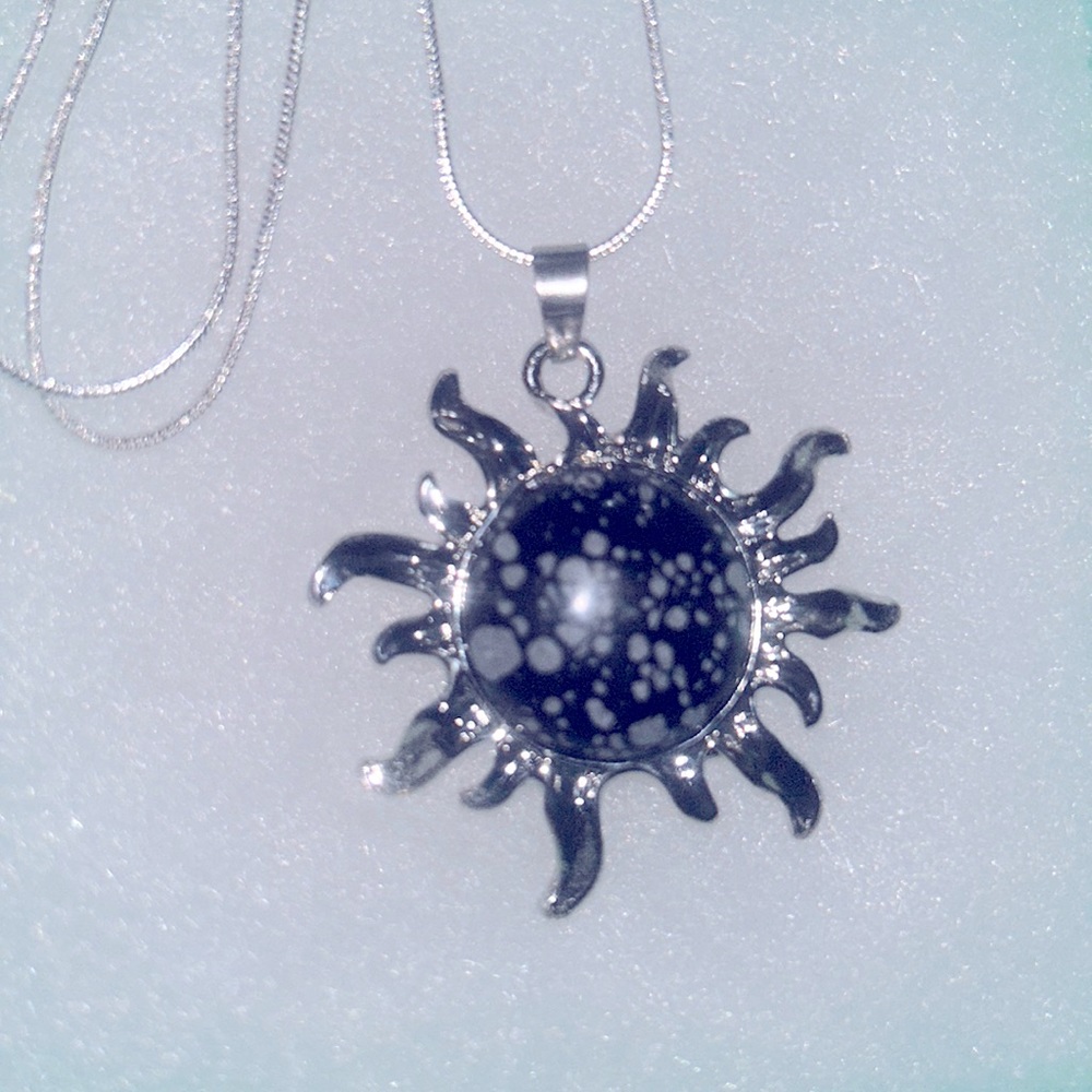 Boho hippie Obsidian Crystal Sun Sterling Silver Necklace 24”